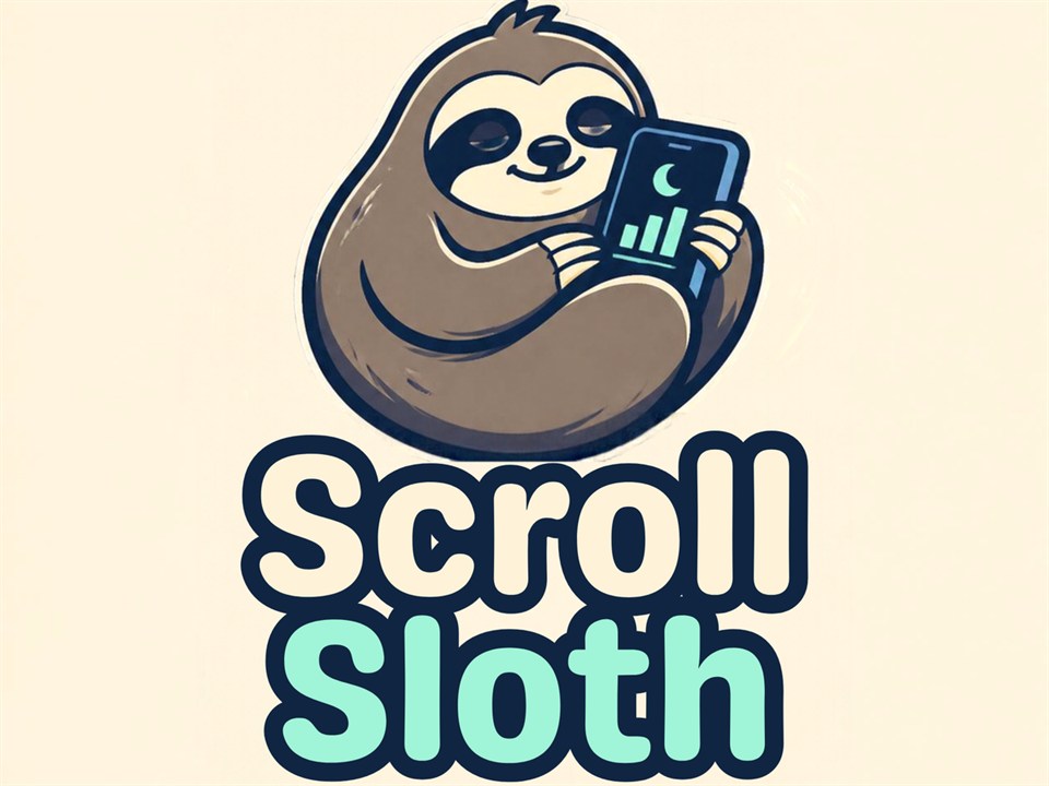 The Scroll Sloth mascot, a sleepy sloth hugging a phone.